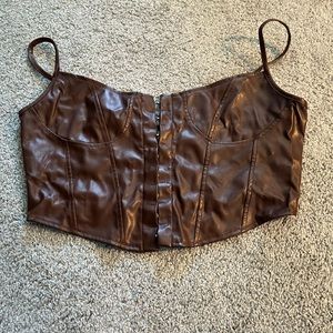 Faux Leather Brown Corset Crop Too
